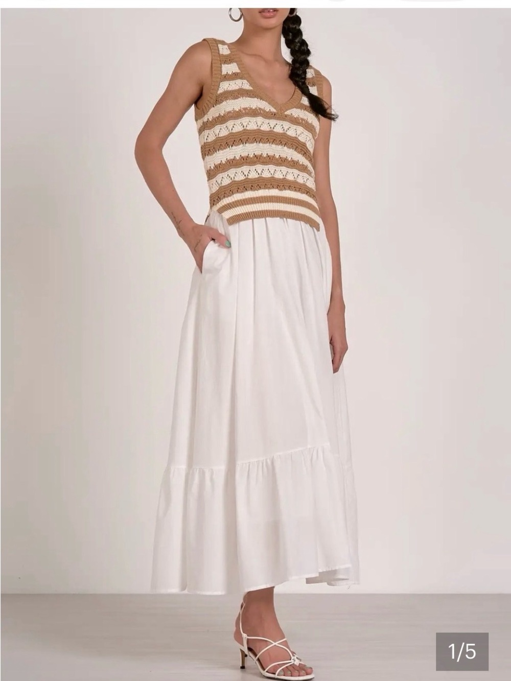 Elan Cream and White Tiered Maxi Skirt with Pockets